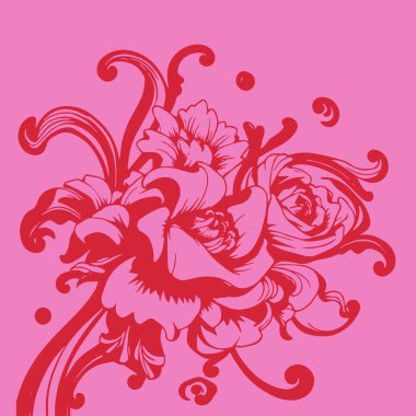 Dekoratif çiçek ve yapraklar arka planda girdap oluşturur. Dekoratif çiçeklerin ve kıvrımların arkaplan sanatı.