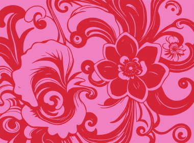 Dekoratif çiçek ve yapraklar arka planda girdap oluşturur. Dekoratif çiçeklerin ve kıvrımların arkaplan sanatı.