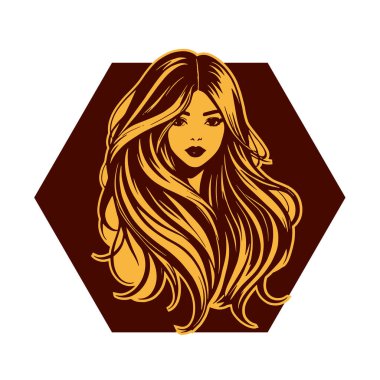 Çağdaş Salon Logoları 'na uygun cesur dalgalı saç çizgileri olan kadın portresi. Romantik Dalgalı Saçlı Bir Kadının Tek Renkli Çizimi, Retro Güzellik Markaları İçin Harika.