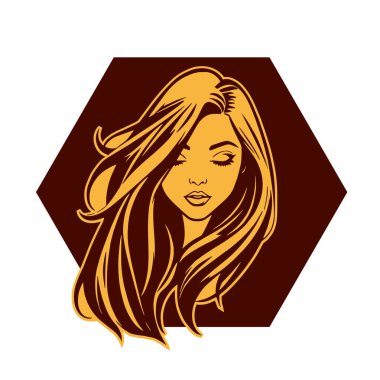Çağdaş Salon Logoları 'na uygun cesur dalgalı saç çizgileri olan kadın portresi. Romantik Dalgalı Saçlı Bir Kadının Tek Renkli Çizimi, Retro Güzellik Markaları İçin Harika.