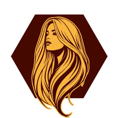 Çağdaş Salon Logoları 'na uygun cesur dalgalı saç çizgileri olan kadın portresi. Romantik Dalgalı Saçlı Bir Kadının Tek Renkli Çizimi, Retro Güzellik Markaları İçin Harika.