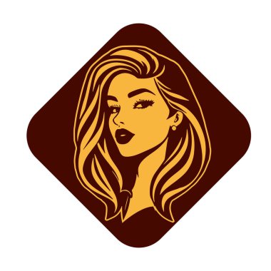 Çağdaş Salon Logoları 'na uygun cesur dalgalı saç çizgileri olan kadın portresi. Romantik Dalgalı Saçlı Bir Kadının Tek Renkli Çizimi, Retro Güzellik Markaları İçin Harika.