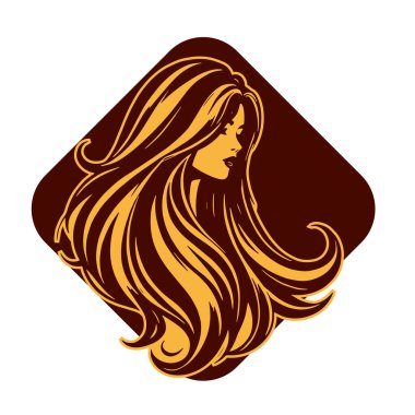 Çağdaş Salon Logoları 'na uygun cesur dalgalı saç çizgileri olan kadın portresi. Romantik Dalgalı Saçlı Bir Kadının Tek Renkli Çizimi, Retro Güzellik Markaları İçin Harika.