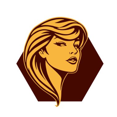 Çağdaş Salon Logoları 'na uygun cesur dalgalı saç çizgileri olan kadın portresi. Romantik Dalgalı Saçlı Bir Kadının Tek Renkli Çizimi, Retro Güzellik Markaları İçin Harika.