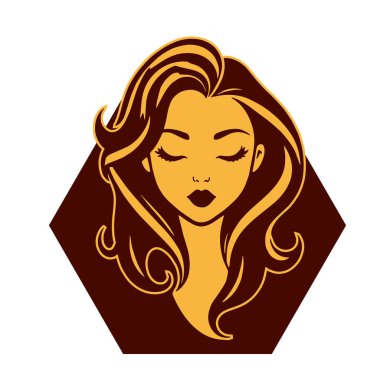 Çağdaş Salon Logoları 'na uygun cesur dalgalı saç çizgileri olan kadın portresi. Romantik Dalgalı Saçlı Bir Kadının Tek Renkli Çizimi, Retro Güzellik Markaları İçin Harika.