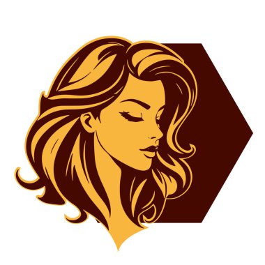 Çağdaş Salon Logoları 'na uygun cesur dalgalı saç çizgileri olan kadın portresi. Romantik Dalgalı Saçlı Bir Kadının Tek Renkli Çizimi, Retro Güzellik Markaları İçin Harika.