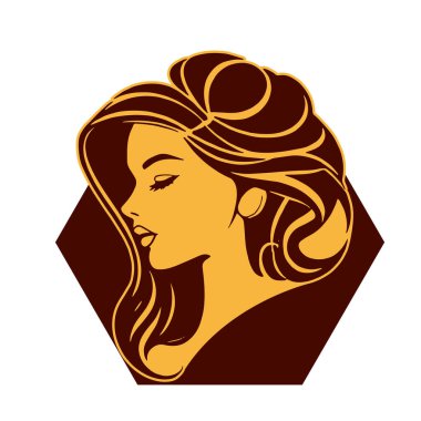 Çağdaş Salon Logoları 'na uygun cesur dalgalı saç çizgileri olan kadın portresi. Romantik Dalgalı Saçlı Bir Kadının Tek Renkli Çizimi, Retro Güzellik Markaları İçin Harika.