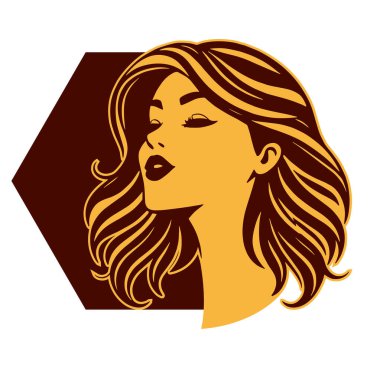 Çağdaş Salon Logoları 'na uygun cesur dalgalı saç çizgileri olan kadın portresi. Romantik Dalgalı Saçlı Bir Kadının Tek Renkli Çizimi, Retro Güzellik Markaları İçin Harika.