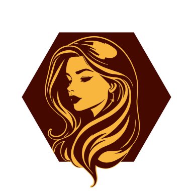 Çağdaş Salon Logoları 'na uygun cesur dalgalı saç çizgileri olan kadın portresi. Romantik Dalgalı Saçlı Bir Kadının Tek Renkli Çizimi, Retro Güzellik Markaları İçin Harika.