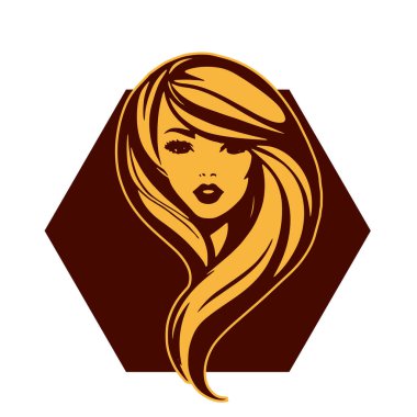 Çağdaş Salon Logoları 'na uygun cesur dalgalı saç çizgileri olan kadın portresi. Romantik Dalgalı Saçlı Bir Kadının Tek Renkli Çizimi, Retro Güzellik Markaları İçin Harika.