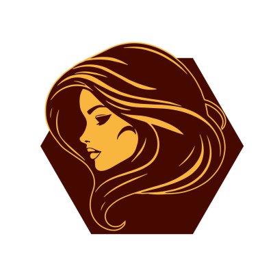 Çağdaş Salon Logoları 'na uygun cesur dalgalı saç çizgileri olan kadın portresi. Romantik Dalgalı Saçlı Bir Kadının Tek Renkli Çizimi, Retro Güzellik Markaları İçin Harika.