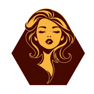 Çağdaş Salon Logoları 'na uygun cesur dalgalı saç çizgileri olan kadın portresi. Romantik Dalgalı Saçlı Bir Kadının Tek Renkli Çizimi, Retro Güzellik Markaları İçin Harika.