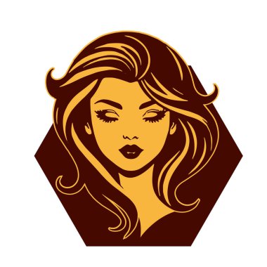 Çağdaş Salon Logoları 'na uygun cesur dalgalı saç çizgileri olan kadın portresi. Romantik Dalgalı Saçlı Bir Kadının Tek Renkli Çizimi, Retro Güzellik Markaları İçin Harika.