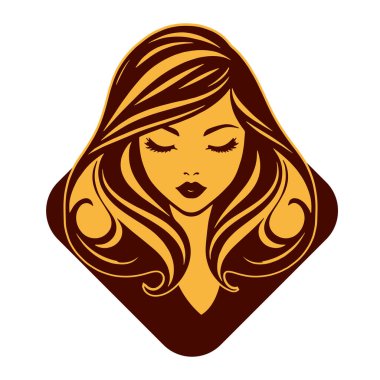 Çağdaş Salon Logoları 'na uygun cesur dalgalı saç çizgileri olan kadın portresi. Romantik Dalgalı Saçlı Bir Kadının Tek Renkli Çizimi, Retro Güzellik Markaları İçin Harika.