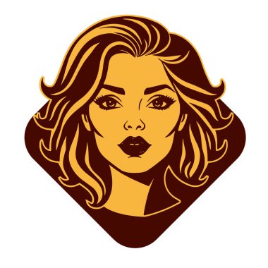 Çağdaş Salon Logoları 'na uygun cesur dalgalı saç çizgileri olan kadın portresi. Romantik Dalgalı Saçlı Bir Kadının Tek Renkli Çizimi, Retro Güzellik Markaları İçin Harika.