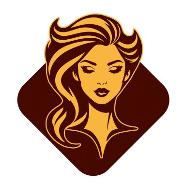Çağdaş Salon Logoları 'na uygun cesur dalgalı saç çizgileri olan kadın portresi. Romantik Dalgalı Saçlı Bir Kadının Tek Renkli Çizimi, Retro Güzellik Markaları İçin Harika.