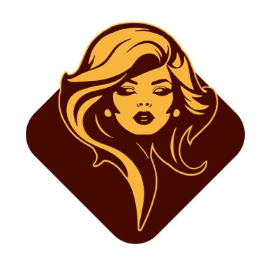 Çağdaş Salon Logoları 'na uygun cesur dalgalı saç çizgileri olan kadın portresi. Romantik Dalgalı Saçlı Bir Kadının Tek Renkli Çizimi, Retro Güzellik Markaları İçin Harika.