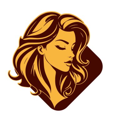 Çağdaş Salon Logoları 'na uygun cesur dalgalı saç çizgileri olan kadın portresi. Romantik Dalgalı Saçlı Bir Kadının Tek Renkli Çizimi, Retro Güzellik Markaları İçin Harika.