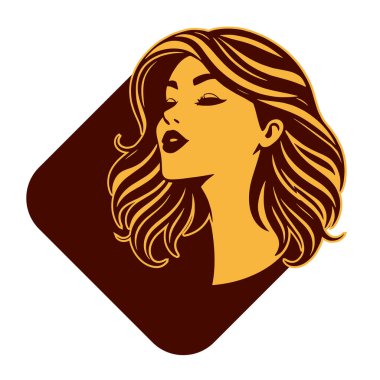 Çağdaş Salon Logoları 'na uygun cesur dalgalı saç çizgileri olan kadın portresi. Romantik Dalgalı Saçlı Bir Kadının Tek Renkli Çizimi, Retro Güzellik Markaları İçin Harika.