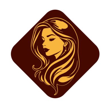 Çağdaş Salon Logoları 'na uygun cesur dalgalı saç çizgileri olan kadın portresi. Romantik Dalgalı Saçlı Bir Kadının Tek Renkli Çizimi, Retro Güzellik Markaları İçin Harika.