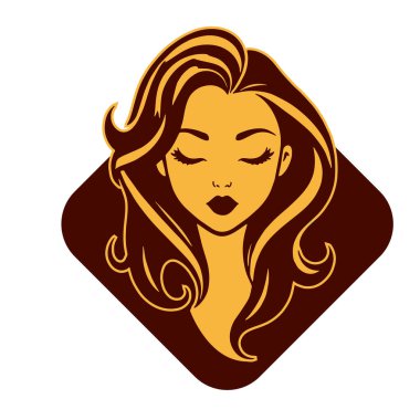 Çağdaş Salon Logoları 'na uygun cesur dalgalı saç çizgileri olan kadın portresi. Romantik Dalgalı Saçlı Bir Kadının Tek Renkli Çizimi, Retro Güzellik Markaları İçin Harika.