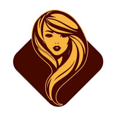 Çağdaş Salon Logoları 'na uygun cesur dalgalı saç çizgileri olan kadın portresi. Romantik Dalgalı Saçlı Bir Kadının Tek Renkli Çizimi, Retro Güzellik Markaları İçin Harika.