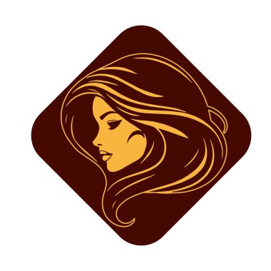 Çağdaş Salon Logoları 'na uygun cesur dalgalı saç çizgileri olan kadın portresi. Romantik Dalgalı Saçlı Bir Kadının Tek Renkli Çizimi, Retro Güzellik Markaları İçin Harika.