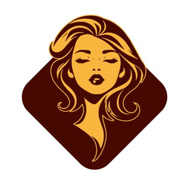 Çağdaş Salon Logoları 'na uygun cesur dalgalı saç çizgileri olan kadın portresi. Romantik Dalgalı Saçlı Bir Kadının Tek Renkli Çizimi, Retro Güzellik Markaları İçin Harika.