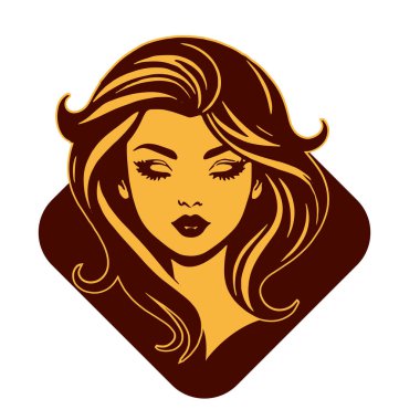 Çağdaş Salon Logoları 'na uygun cesur dalgalı saç çizgileri olan kadın portresi. Romantik Dalgalı Saçlı Bir Kadının Tek Renkli Çizimi, Retro Güzellik Markaları İçin Harika.