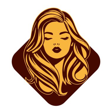 Çağdaş Salon Logoları 'na uygun cesur dalgalı saç çizgileri olan kadın portresi. Romantik Dalgalı Saçlı Bir Kadının Tek Renkli Çizimi, Retro Güzellik Markaları İçin Harika.