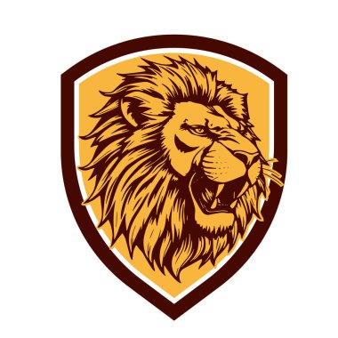 Majestic Lion Shield Savaşçı Amblemi. Aslan başlı Heraldik Kalkan Maskot Amblemi. Aslan Başı Logosu - Kalkan Rozeti Konsepti.