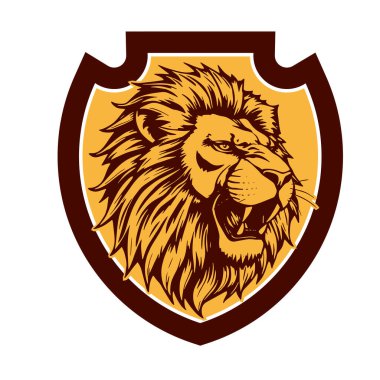 Majestic Lion Shield Savaşçı Amblemi. Aslan başlı Heraldik Kalkan Maskot Amblemi. Aslan Başı Logosu - Kalkan Rozeti Konsepti.