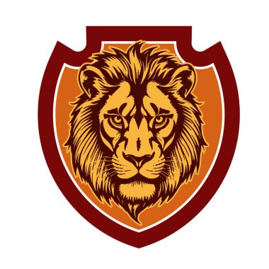 Majestic Lion Shield Savaşçı Amblemi. Aslan başlı Heraldik Kalkan Maskot Amblemi. Aslan Başı Logosu - Kalkan Rozeti Konsepti.