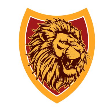 Aslan başlı Heraldik Kalkan Maskot Amblemi. Majestic Lion Shield Savaşçı Amblemi. Aslan Başı Logosu - Kalkan Rozeti Konsepti
