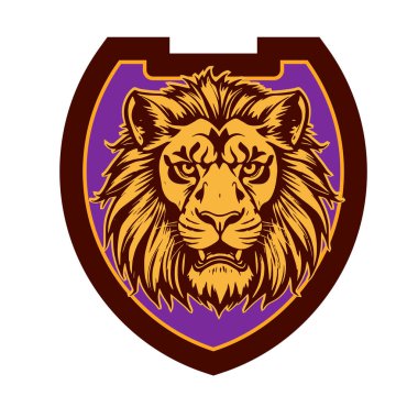 Aslan başlı Heraldik Kalkan Maskot Amblemi. Majestic Lion Shield Savaşçı Amblemi. Aslan Başı Logosu - Kalkan Rozeti Konsepti