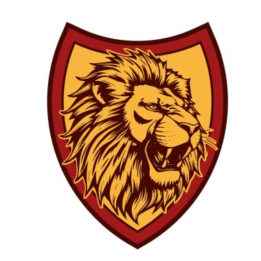 Aslan başlı Heraldik Kalkan Maskot Amblemi. Majestic Lion Shield Savaşçı Amblemi. Aslan Başı Logosu - Kalkan Rozeti Konsepti