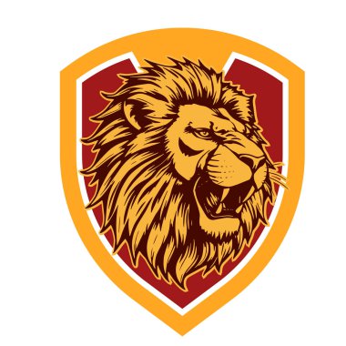 Aslan başlı Heraldik Kalkan Maskot Amblemi. Majestic Lion Shield Savaşçı Amblemi. Aslan Başı Logosu - Kalkan Rozeti Konsepti