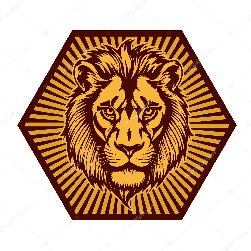 Majestic Lion Shield - Warrior Emblem. Lion Head Heraldic Shield - Mascot Emblem. Lion Head Logo - Shield Badge Concept.
