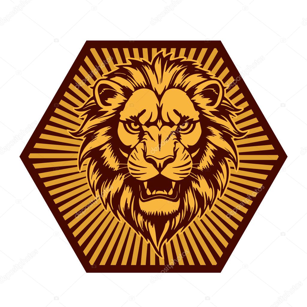Majestic Lion Shield - Warrior Emblem. Lion Head Heraldic Shield - Mascot Emblem. Lion Head Logo - Shield Badge Concept.