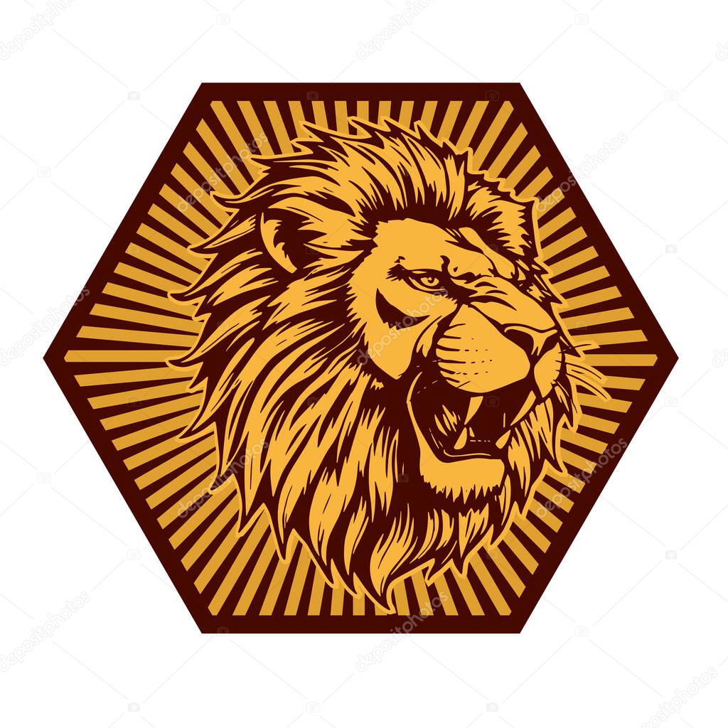 Majestic Lion Shield - Warrior Emblem. Lion Head Heraldic Shield - Mascot Emblem. Lion Head Logo - Shield Badge Concept.