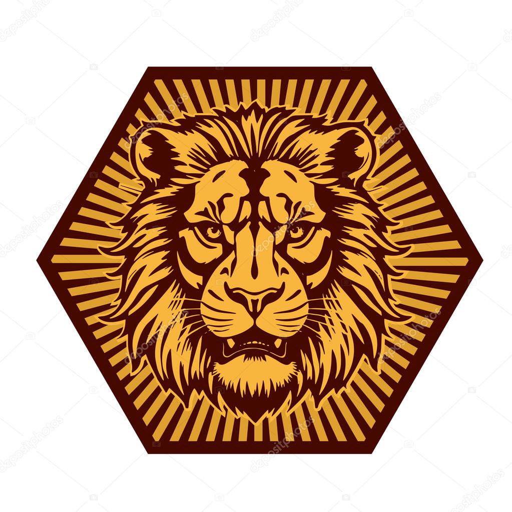 Majestic Lion Shield - Warrior Emblem. Lion Head Heraldic Shield - Mascot Emblem. Lion Head Logo - Shield Badge Concept.