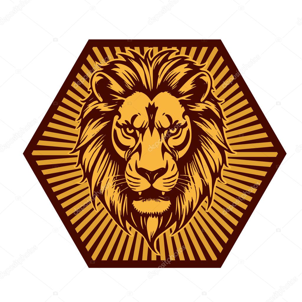 Majestic Lion Shield - Warrior Emblem. Lion Head Heraldic Shield - Mascot Emblem. Lion Head Logo - Shield Badge Concept.