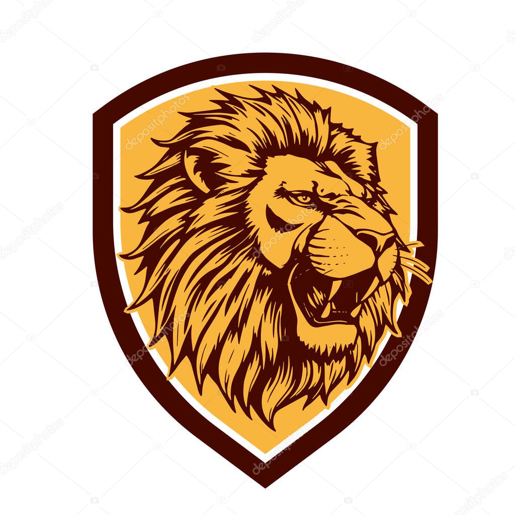 Majestic Lion Shield - Warrior Emblem. Lion Head Heraldic Shield - Mascot Emblem. Lion Head Logo - Shield Badge Concept.