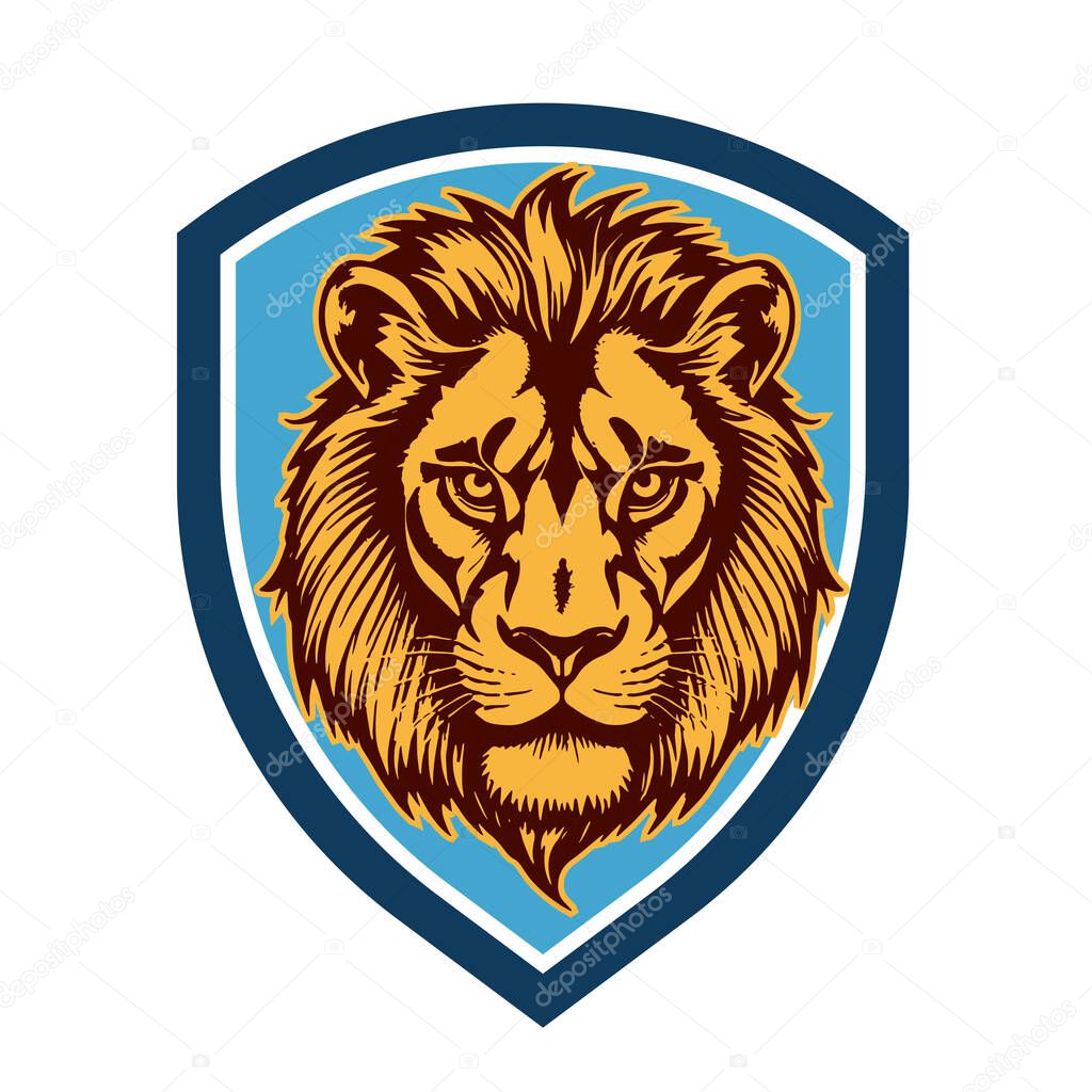 Majestic Lion Shield - Warrior Emblem. Lion Head Heraldic Shield - Mascot Emblem. Lion Head Logo - Shield Badge Concept.