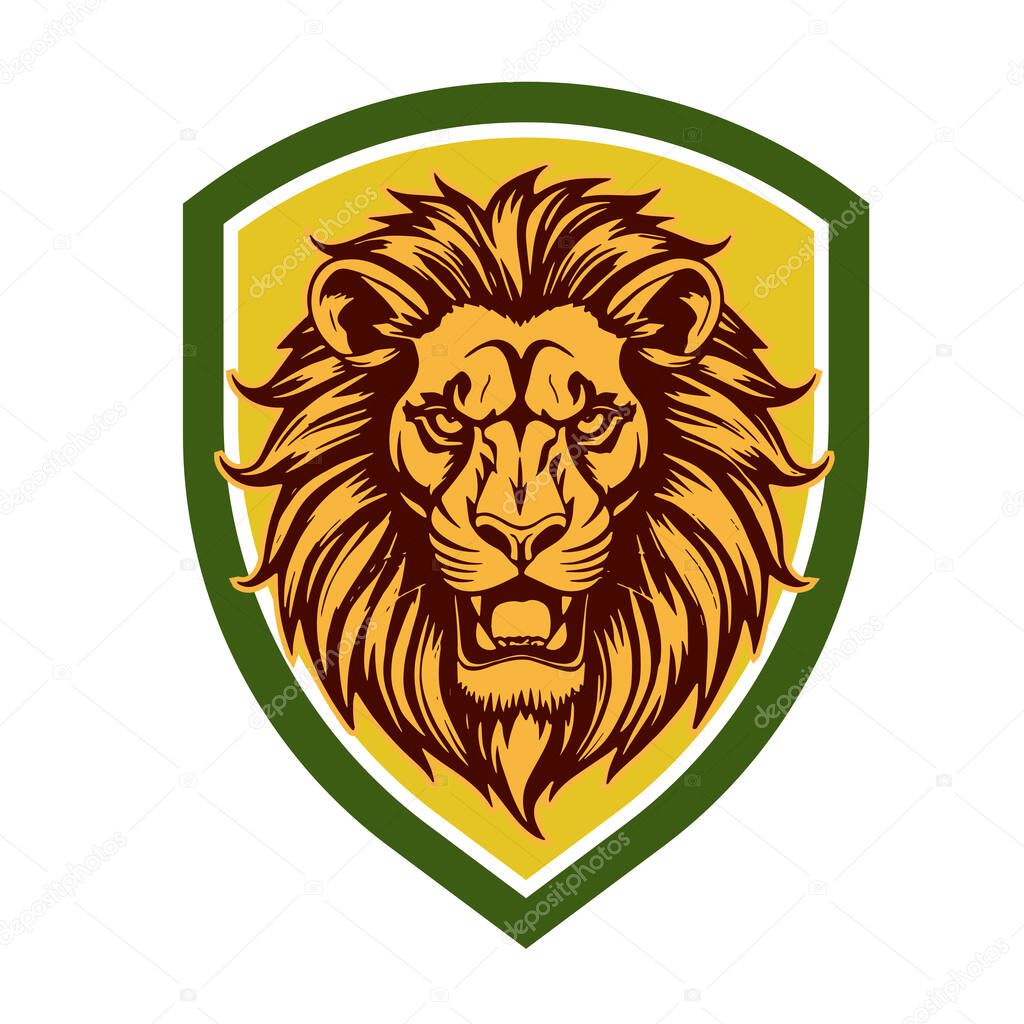 Majestic Lion Shield - Warrior Emblem. Lion Head Heraldic Shield - Mascot Emblem. Lion Head Logo - Shield Badge Concept.