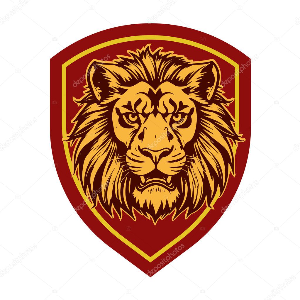 Majestic Lion Shield - Warrior Emblem. Lion Head Heraldic Shield - Mascot Emblem. Lion Head Logo - Shield Badge Concept.