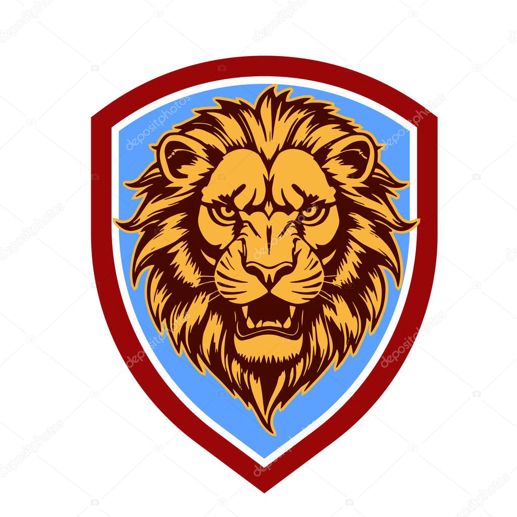 Majestic Lion Shield - Warrior Emblem. Lion Head Heraldic Shield - Mascot Emblem. Lion Head Logo - Shield Badge Concept.