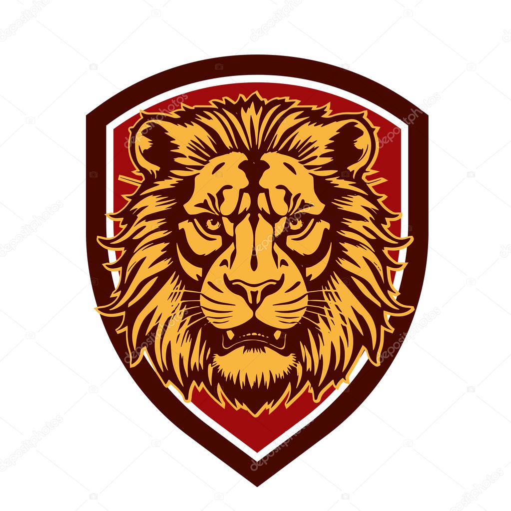Majestic Lion Shield - Warrior Emblem. Lion Head Heraldic Shield - Mascot Emblem. Lion Head Logo - Shield Badge Concept.