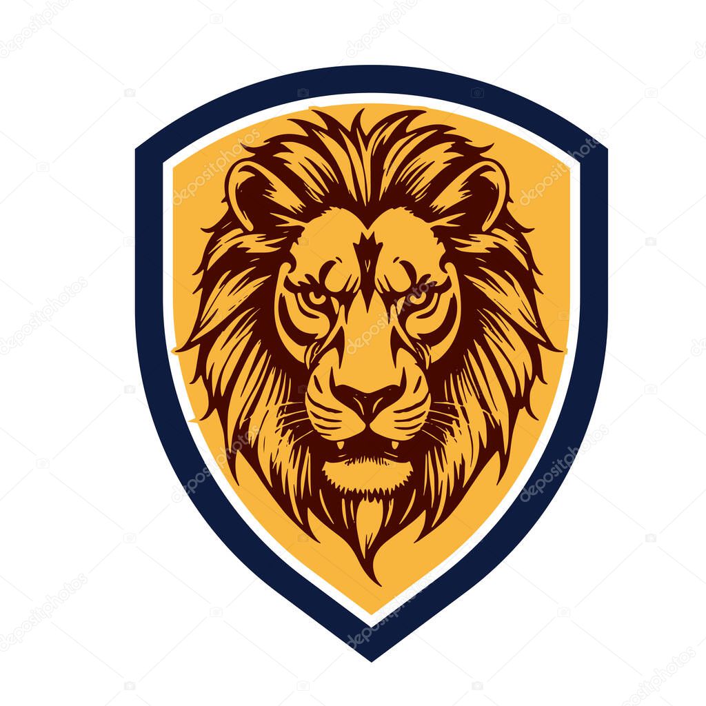 Majestic Lion Shield - Warrior Emblem. Lion Head Heraldic Shield - Mascot Emblem. Lion Head Logo - Shield Badge Concept.