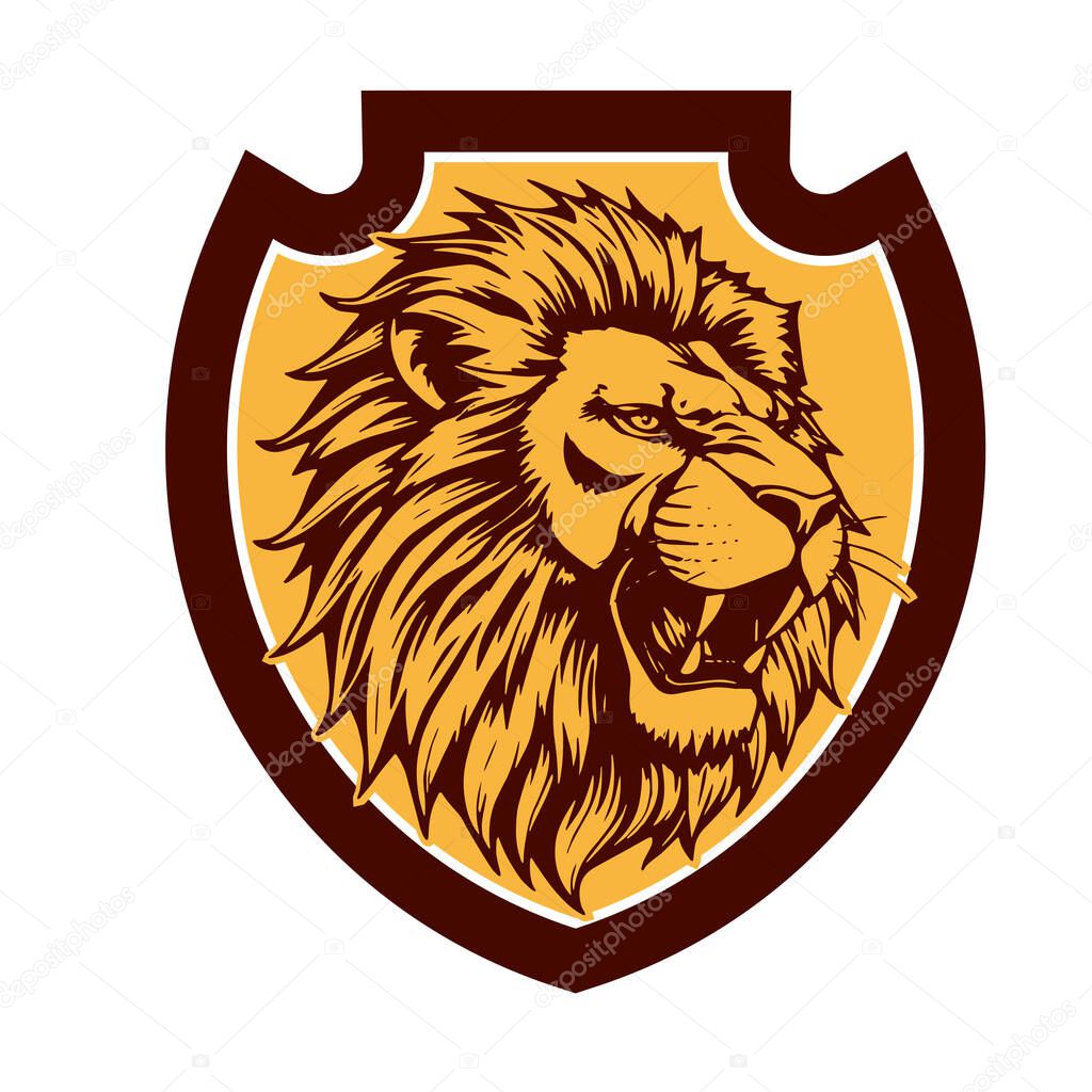 Majestic Lion Shield - Warrior Emblem. Lion Head Heraldic Shield - Mascot Emblem. Lion Head Logo - Shield Badge Concept.